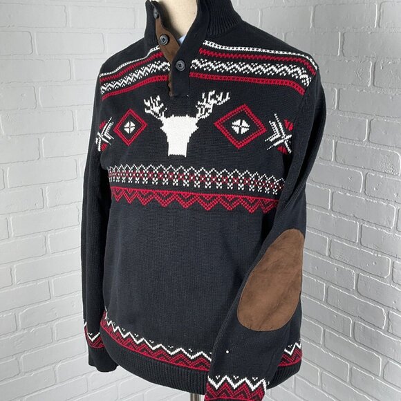 Chaps Sweater Men Medium Black Red Nordic Deer Suede Elbow Patches Classic VTG‎ - Picture 1 of 11